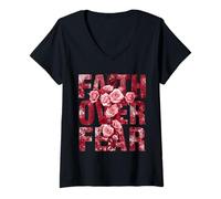 Mujer Fe sobre el Miedo Diseño Cristiano Camiseta Cuello V