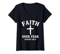 Mujer Fe sobre el miedo Versículo bíblico Salmos 118:6 Cristiano Camiseta Cuello V