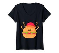 Mujer FEA Hamburguesa navideña Santa Hamburguesa de Queso Divertida Comida rápida Camiseta Cuello V