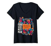 Mujer Fear God Not Man Christian Faith Floral Cita versículo de la Biblia Camiseta Cuello V