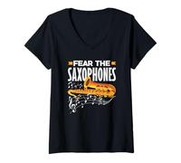 Mujer Fear The Saxophones Saxofonista Jazz Hobby Band Solist Camiseta Cuello V