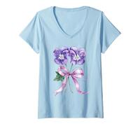 Mujer Febrero Nacimiento Flor Pensamiento Acuarela Floración Camiseta Cuello V