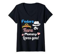 Mujer Fedora or Tiara Mommy Loves You Gender Reveal Party Regalo Camiseta Cuello V
