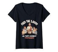 Mujer Feed The 5000 Christian Sátira Humor Político Camiseta Cuello V