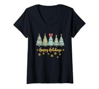 Mujer Felices Fiestas Árboles de Navidad 2025 Celebración Familia Camiseta Cuello V