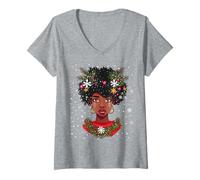 Mujer Felices Fiestas Melanina Navidad Negro Mrs. Claus Mujeres Niña Camiseta Cuello V