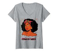 Mujer Felices Fiestas Melanina Navidad Negro Mrs. Claus Mujeres Niña Camiseta Cuello V