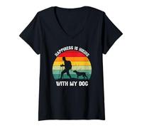 Mujer Felicidad Es Senderismo con Mi Perro Camiseta Cuello V