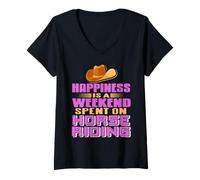 Mujer Felicidad Fin de Semana Montando Caballo Camiseta Cuello V