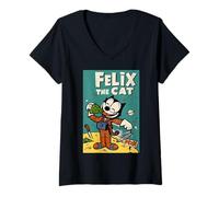 Mujer Félix el Gato soñador de Luna - Animación Celestial Retro de los años 20 Camiseta Cuello V
