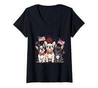 Mujer Feliz 4 de julio Bulldogs franceses bandera americana perros lindos Camiseta Cuello V
