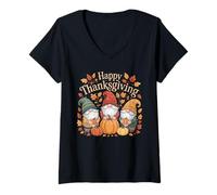 Mujer Feliz Acción de Gracias Divertido Pavo Familia Cena Gnomos Calabaza Camiseta Cuello V