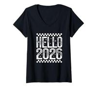 Mujer Feliz Año Nuevo Hello 2026 Retro Cuadros Cita Positiva Camiseta Cuello V