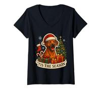 Mujer Feliz árbol de Navidad de Tis The Season Rhodesian Ridgeback Dog Camiseta Cuello V