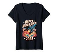 Mujer Feliz Armagedón 2025 4 de julio EE.UU. Conciencia contra la guerra Trump Camiseta Cuello V
