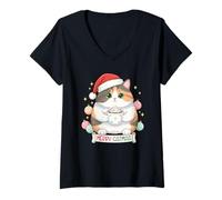 Mujer Feliz Catmas Funny Cat Lover Christmas Santa Hat Xmas Kitten Camiseta Cuello V
