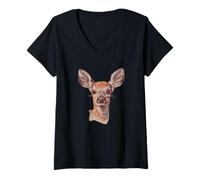 Mujer Feliz Ciervo Cervatillo Busca Amantes de los bosques y los Animales Camiseta Cuello V