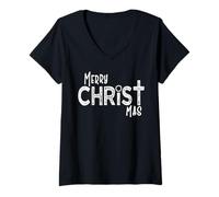 Mujer Feliz Cristo-Mas Minimal Cristiano Religioso Navidad Camiseta Cuello V