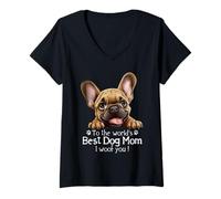 Mujer Feliz Día de la Madre Al Mejor Perro Bulldog Francés Mamá Woof Camiseta Cuello V