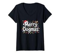 Mujer Feliz Dogmas Navidad Dueño del Perro Humor Camiseta Cuello V
