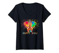 Mujer Feliz Festival Holi India Colores Elefante Hindú Primavera 2026 Camiseta Cuello V