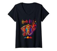 Mujer Feliz Festival Holi India Colores Hindúes Primavera Elefante Mujeres Camiseta Cuello V
