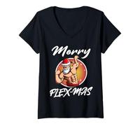 Mujer Feliz Flexmas Divertido Culturismo Navidad Fuerte Santa Camiseta Cuello V
