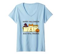 Mujer Feliz Halloween Boo-Tiful Friends Kawaii Fantasmas Calabaza Camiseta Cuello V