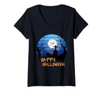 Mujer Feliz Halloween Calabaza escalofriante Caras con Luna Llena, Lobo Camiseta Cuello V