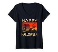 Mujer Feliz Halloween Escena de miedo Camiseta Cuello V