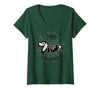 Mujer Feliz Halloween, Halloween, Wiener Dog, Teckel, Spider Web Camiseta Cuello V
