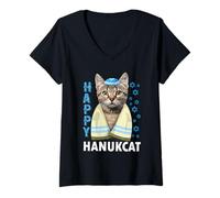 Mujer Feliz Hanukcat Divertido Lindo Gato con Kippah Judío Hanukkah Camiseta Cuello V
