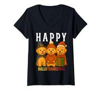 Mujer Feliz Hello thanksmas Cute Lab Puppy Fall Holiday Dog Lover Camiseta Cuello V