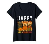 Mujer Feliz Hola Gracias. Frenchie Lindo Bulldog Francés Halloween Camiseta Cuello V