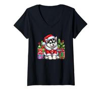 Mujer Feliz Husky Santa Cute Christmas Puppy Joy Camiseta Cuello V
