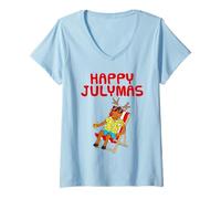 Mujer Feliz Julio Verano Navidad Julio Rudolf El Reno Divertido Camiseta Cuello V
