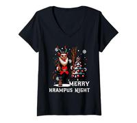 Mujer Feliz Krampus Noche de Miedo Navidad Krampusnacht Santa Claus Camiseta Cuello V