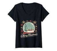 Mujer Feliz Navidad Nueva York Skyline en Bola de Nieve Destellos de Nieve Camiseta Cuello V