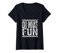 Mujer Feliz Navidad Oh What Fun Retro Checered Holiday Quote Camiseta Cuello V