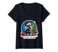 Mujer Feliz Navidad para Perros Schnauzer Tis The Season Standard Camiseta Cuello V