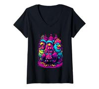 Mujer Feliz Navidad Pollo Trio Luces Festivas Camiseta Cuello V