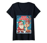 Mujer Feliz Navidad Reno Santa Claus Divertido Navidad Camiseta Cuello V