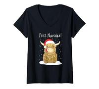 Mujer Feliz Navidad, Vaca de Las Tierras Altas Camiseta Cuello V