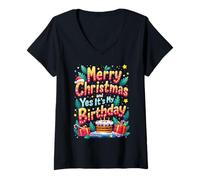 Mujer Feliz Navidad Y Sí Es Mi Cumpleaños Niños, Niñas, Niños Camiseta Cuello V