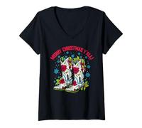 Mujer Feliz Navidad Yall Cowboy Boots Howdy Western Cowgirl Regalo Camiseta Cuello V