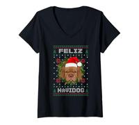 Mujer Feliz Navidog Dogue de Bordeaux Dog Fun Ugly Christmas Xmas Camiseta Cuello V