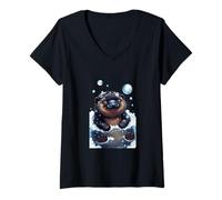 Mujer Feliz ornitorrinco Burbuja baño ilustración Camiseta Cuello V