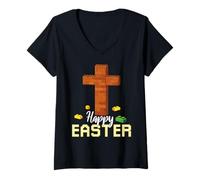 Mujer Feliz Pascua Bloque Constructor de Ladrillos de Construcción Jesús Cruz Fe Camiseta Cuello V