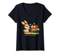 Mujer Feliz Pascua conejito huevo caza domingo primavera cristiano fiesta Camiseta Cuello V