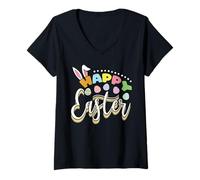 Mujer Feliz Pascua Conejito Oreja Divertido Conejo Huevo Caza Camiseta Cuello V